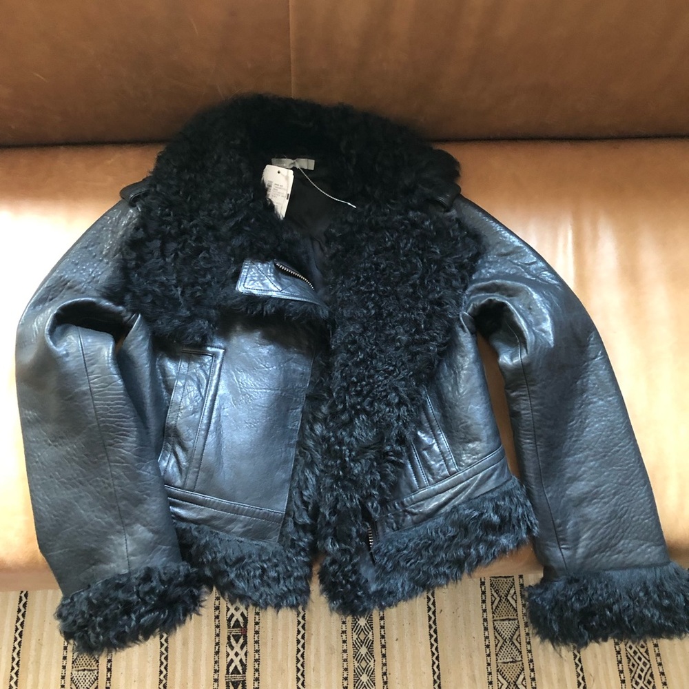 Vince Leather Black Shearling fur Moto Jacket Fall Winter quiet luxury NWT - Picture 9 of 15